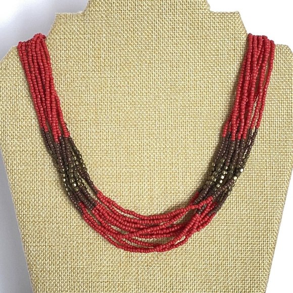 Multi-Strand Bohemian Beaded Red Brown Gold Tone Adjustable Length Necklace - Picture 1 of 6